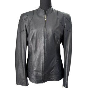ESCADA Black Lambskin Leather Full Zip Moto Jacket Coat Sz 40 Med